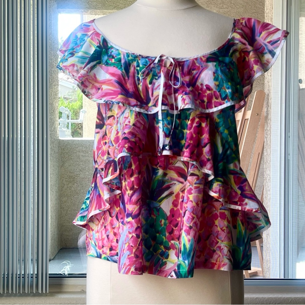 J. CREW Hawaiian Tropical Ruffle Flutter Sleeve Cruise Summer Top Blouse S/M